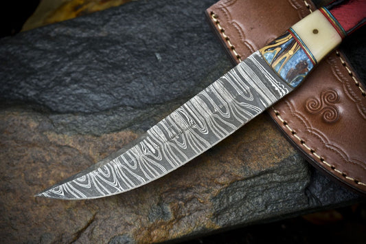 Twist Pattern Damascus Skinner Knife with Bone and Wood Handle – Handmade Fixed Blade Hunting Knife Gift