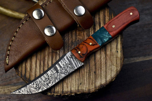 Twist Damascus Skinner Knife with Hardwood Handle and Micarta Bolster – Custom Gift Knife