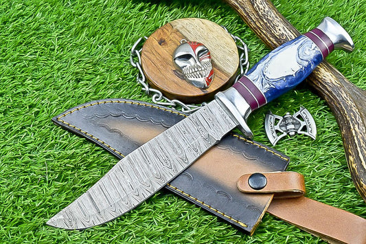 12" Handmade Damascus Steel Bowie Knife – Resin Handle & Leather Sheath