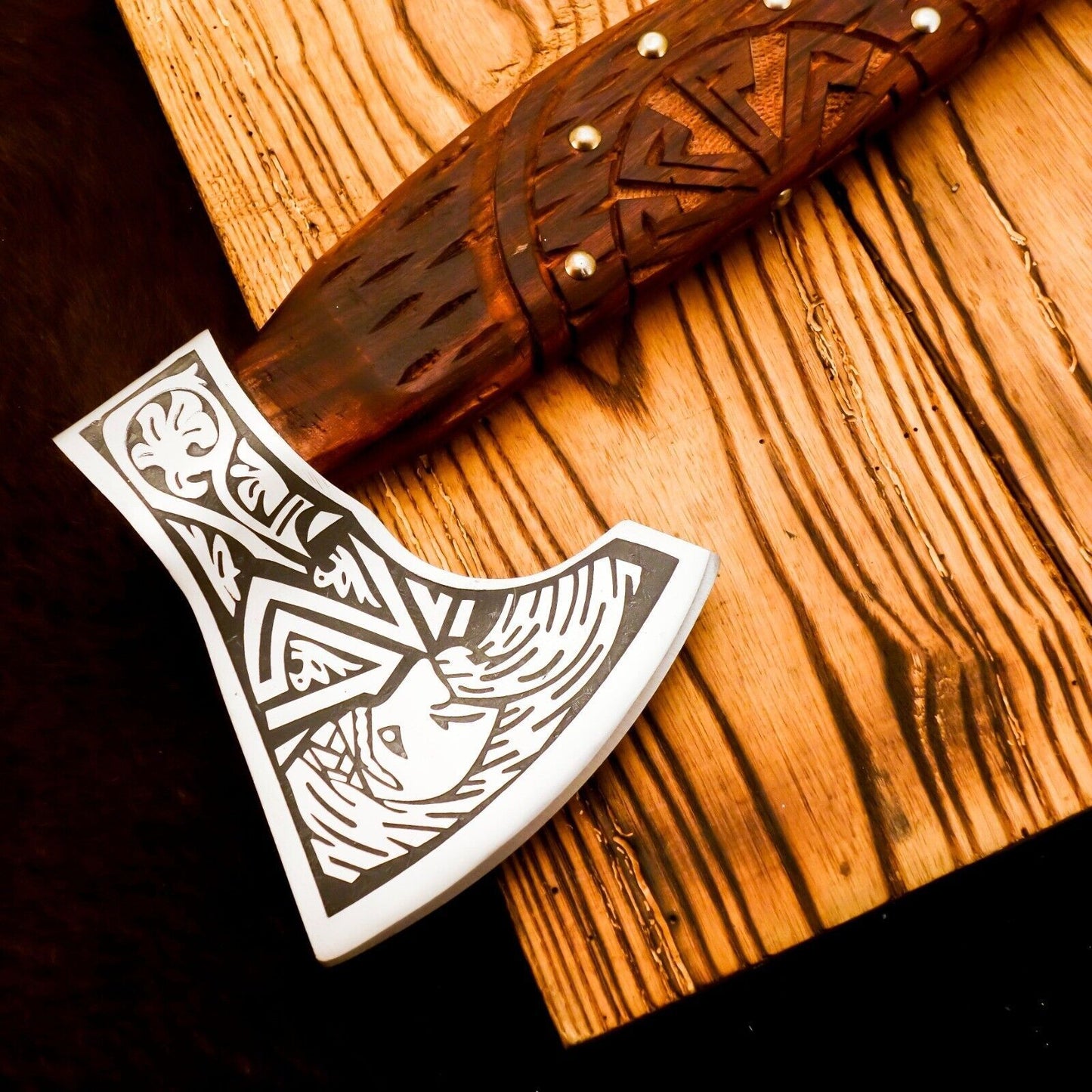 Handmade Carbon Steel Viking Axe Tomahawk – Bearded Axe with Ash Wood Handle and Leather Sheath