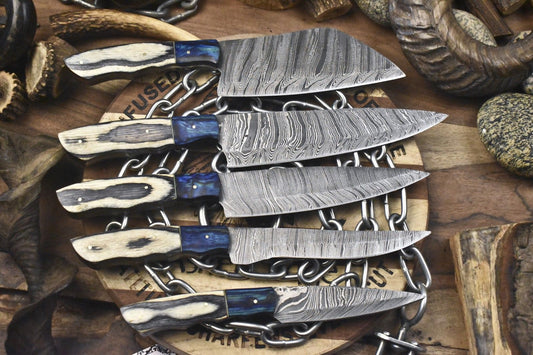 Custom Chef Knife Set – Hand Forged Twist Damascus Steel with Hardwood Handle (Lot of 5 Camping Knives)