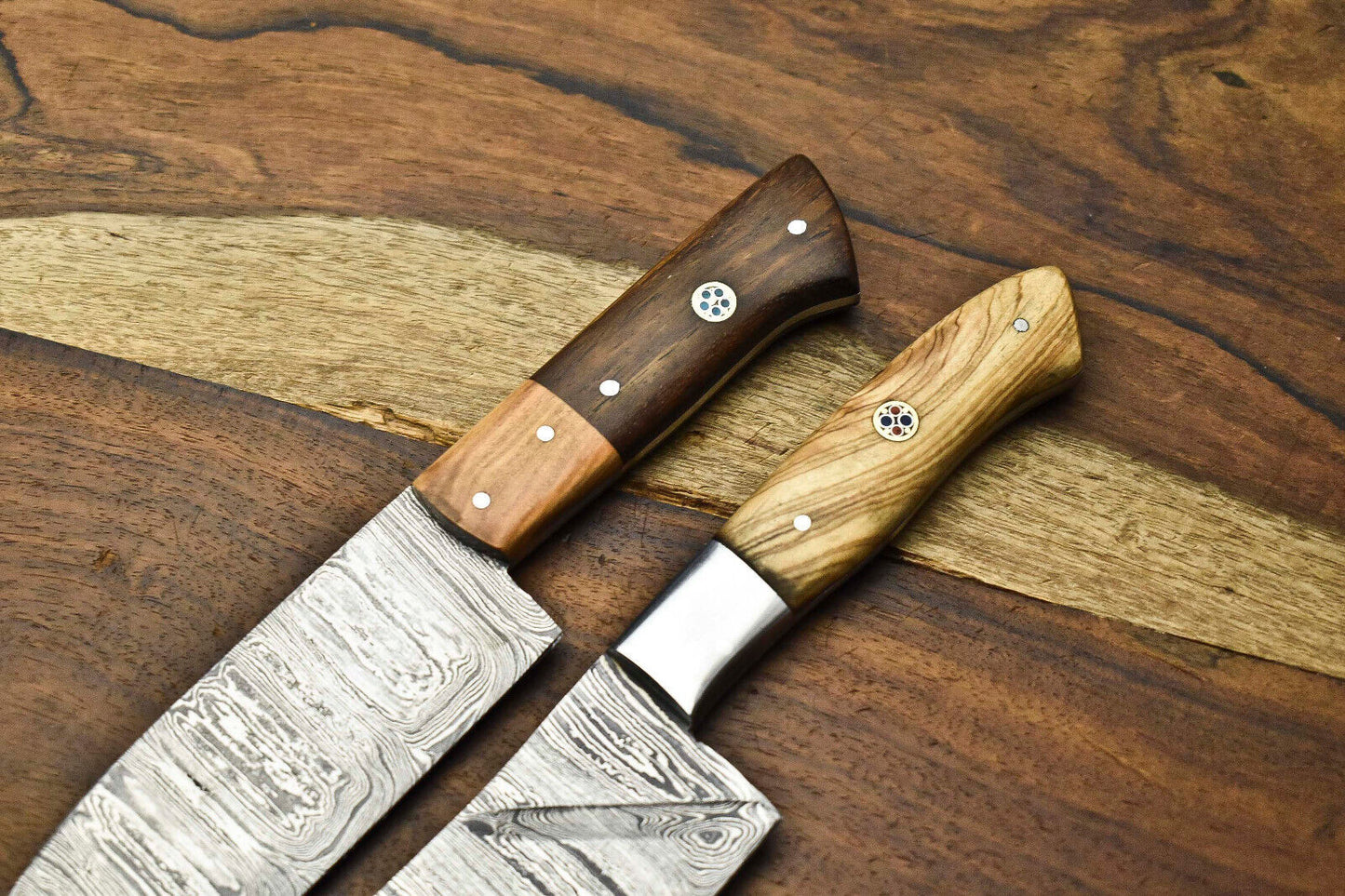 Custom 2 Handmade Hammered Damascus Steel Blade Chef Set Knife
