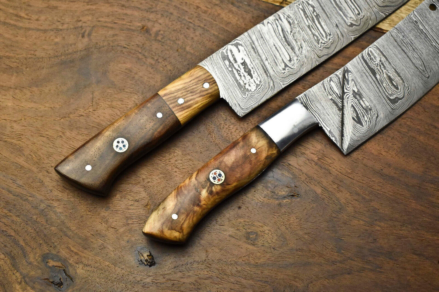 Custom 2 Handmade Hammered Damascus Steel Blade Chef Set Knife