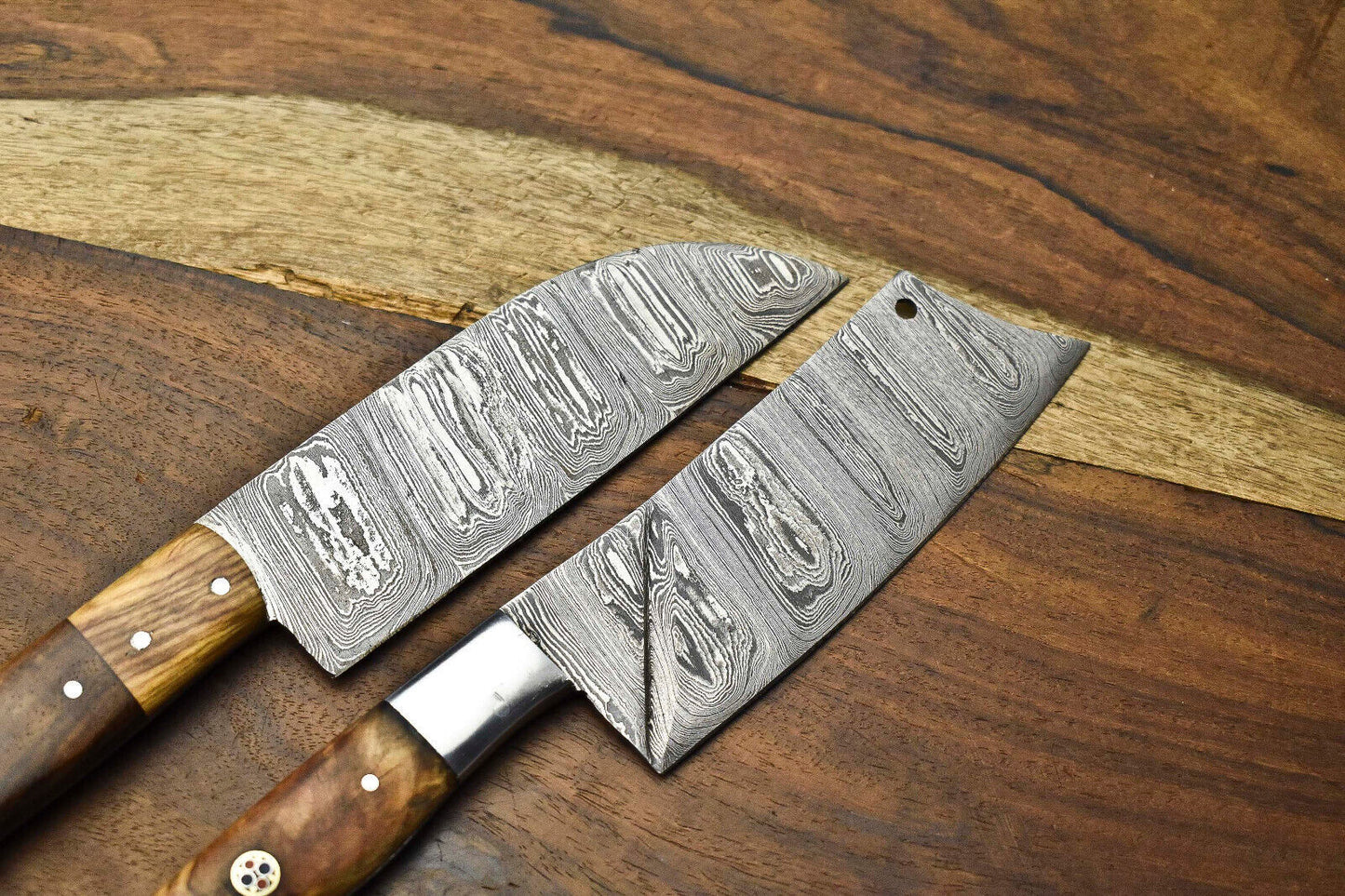 Custom 2 Handmade Hammered Damascus Steel Blade Chef Set Knife