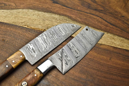 Custom 2 Handmade Hammered Damascus Steel Blade Chef Set Knife