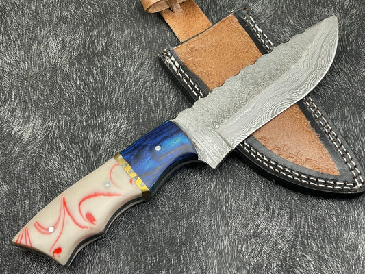 Heritage Forge 10 Inch Handmade Damascus Steel Bowie Knife with Resin and Hardwood Handle and Leather Sheath