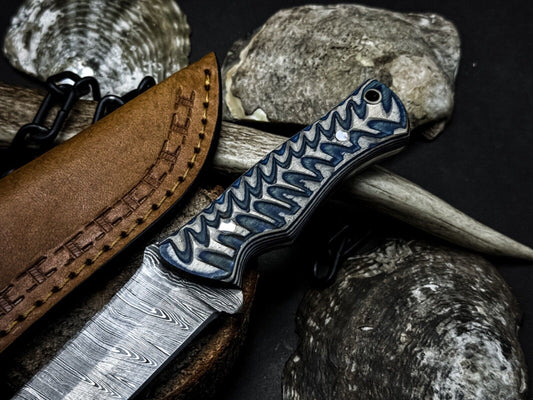 Heritage Forge Damascus Steel Hunting Survival Knife Wood Handle with Leather Sheath