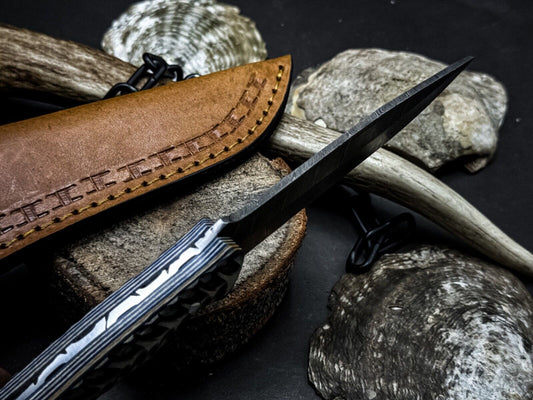 Handmade Damascus Steel Hunting Survival Knife with Wood Handle & Leather Sheath