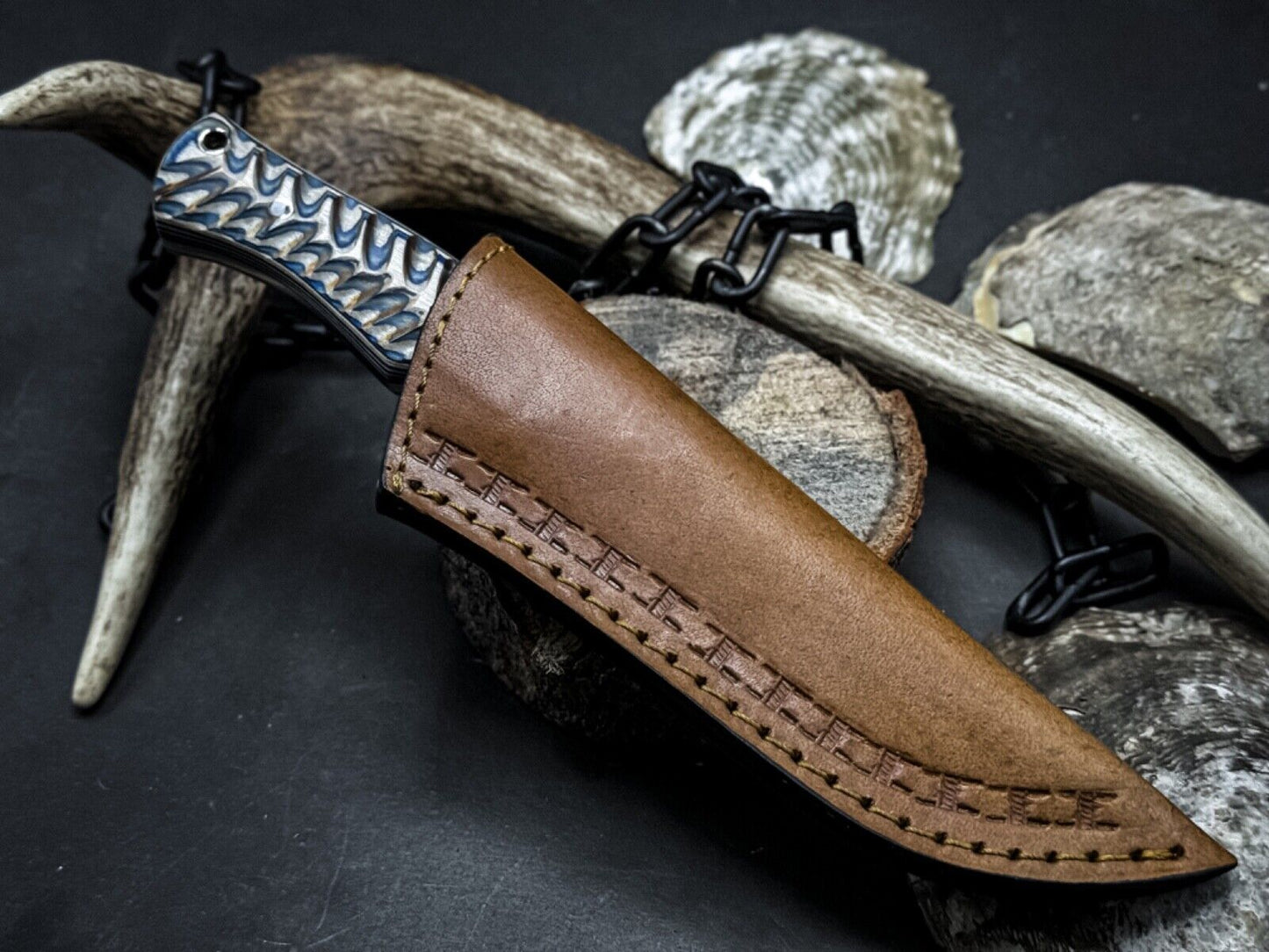 Handmade Damascus Steel Hunting Survival Knife with Wood Handle & Leather Sheath