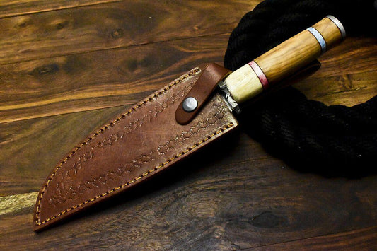 Handmade Damascus Bowie Knife | Olive Wood Handle 12.5" Hunting Blade