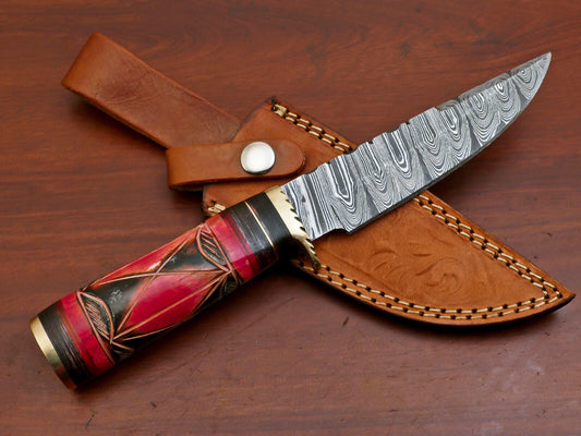 10" Handmade Damascus Steel Bowie Knife – Camel Bone & Pakka Wood Handle