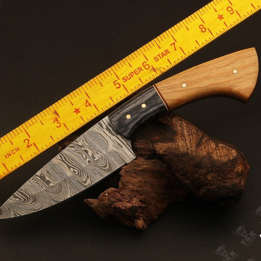 Heritage Forge 9" Ladder Damascus Steel Hunting Knife with Wood Handle