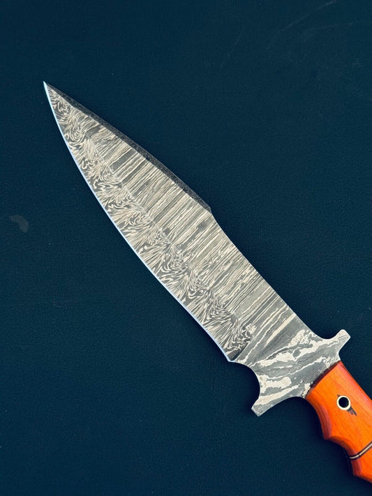 Fire Storm Damascus Steel Bowie Knife with Wood Handle for Hunting and Camping