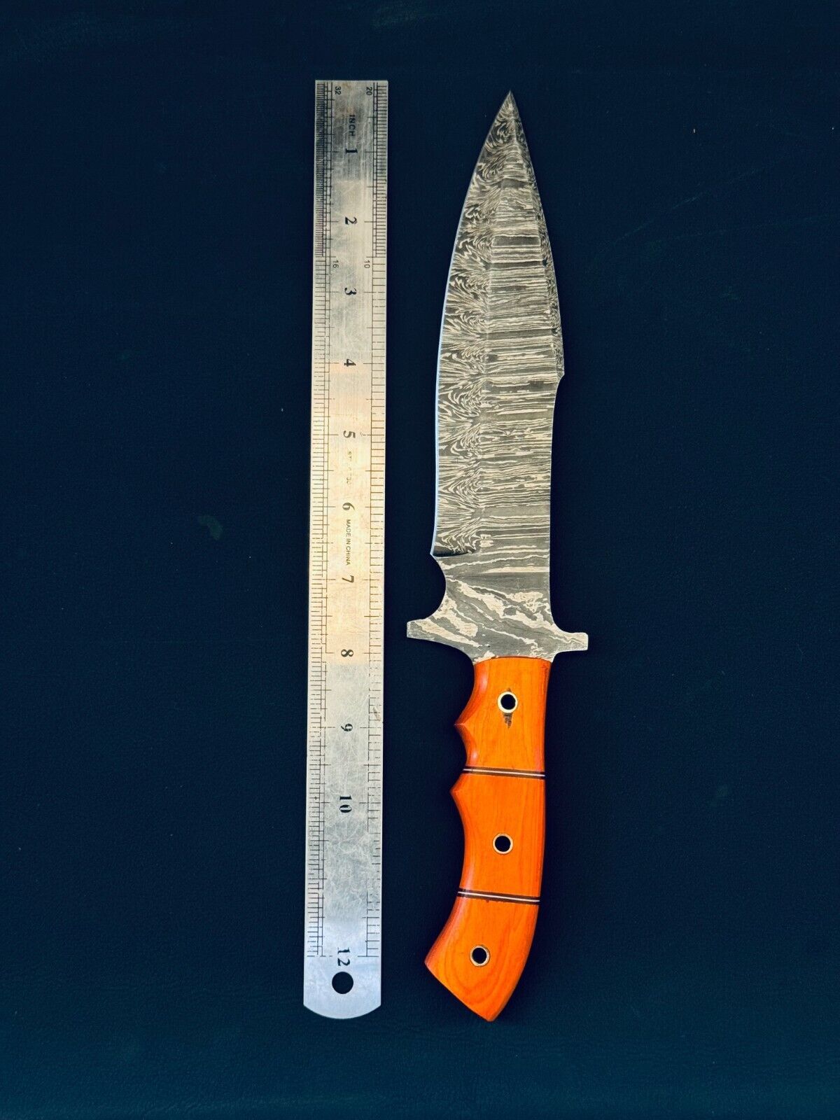 Fire Storm Damascus Steel Bowie Knife with Wood Handle for Hunting and Camping