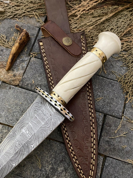 12" Custom Damascus Dagger Bowie Knife | Resin Handle + Sheath