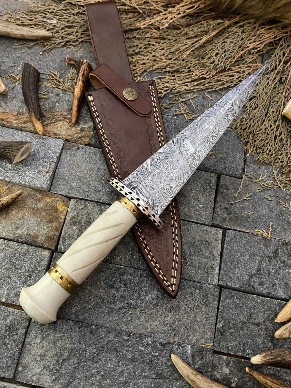 12" Custom Damascus Dagger Bowie Knife | Resin Handle + Sheath