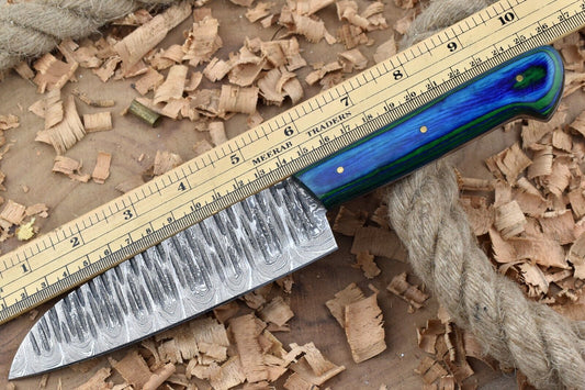 Handmade Forged Damascus Steel Kitchen Chef Knife – Blue & Green Dollar Thappa Handle