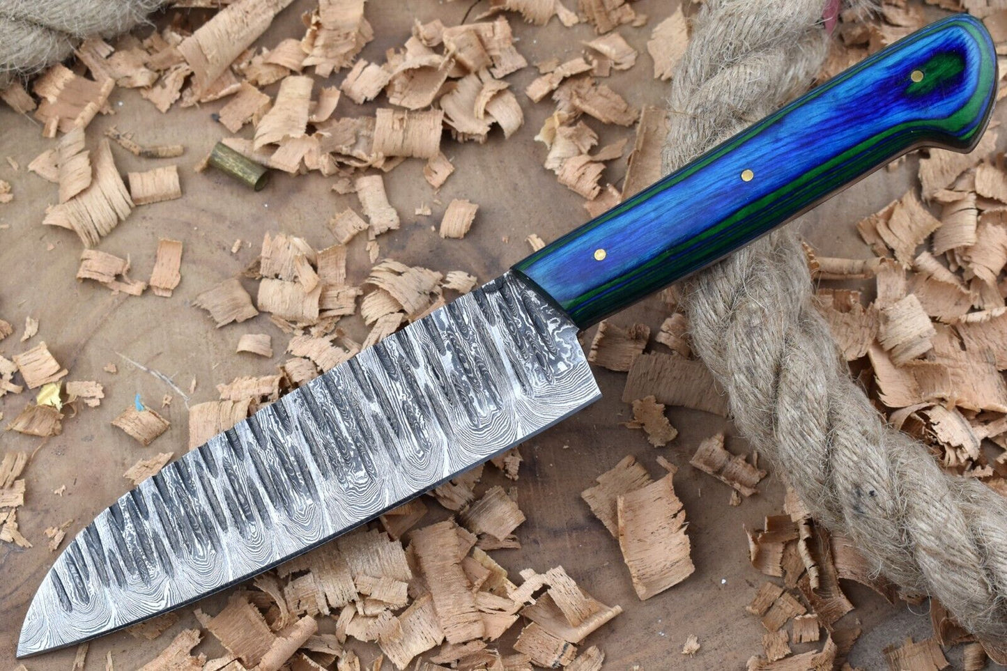 Handmade Forged Damascus Steel Kitchen Chef Knife – Blue & Green Dollar Thappa Handle