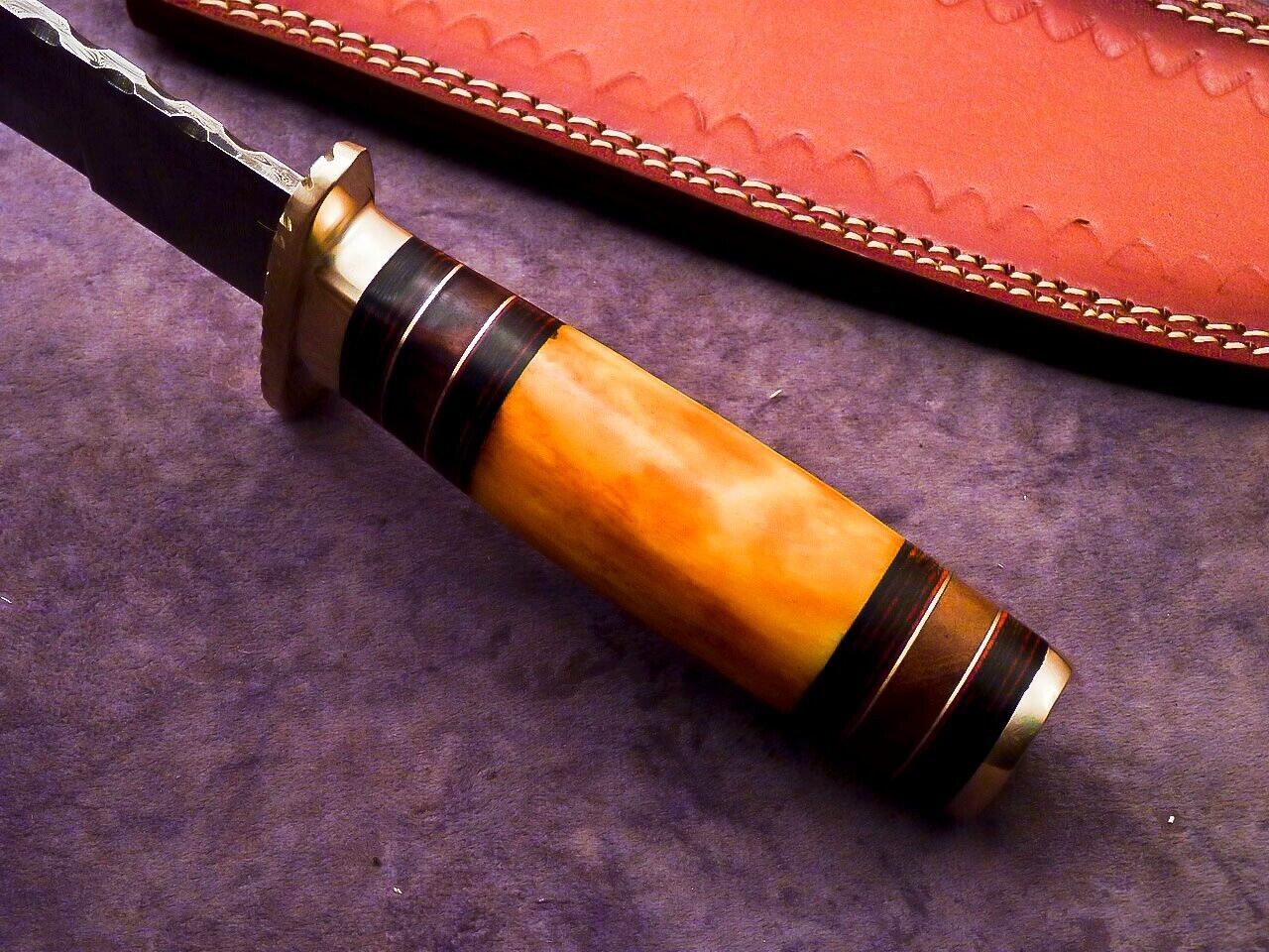 Heritage Forge 16 Inch Damascus Steel Bowie Knife with Camel Bone and Hardwood Handle