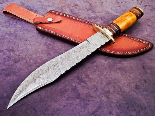 Heritage Forge 16 Inch Damascus Steel Bowie Knife with Camel Bone and Hardwood Handle