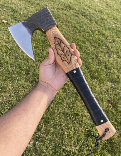 Handmade Forged High Carbon Steel Viking Tomahawk Hatchet Axe | Olive Wood & Leather Wrap