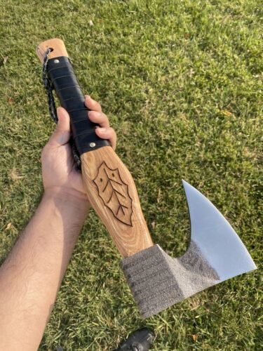 Handmade Forged High Carbon Steel Viking Tomahawk Hatchet Axe | Olive Wood & Leather Wrap