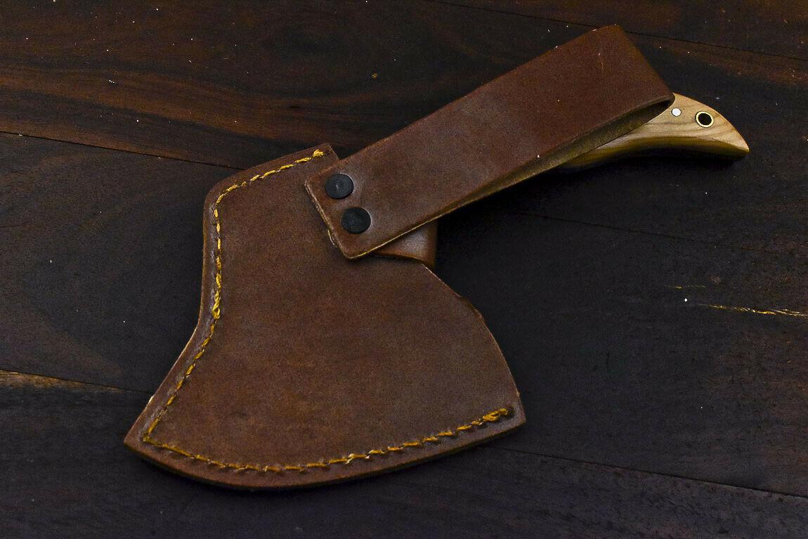 Custom Rare Handmade Damascus Axe Olive Wood Handle Damascus Steel Axe Clever Chopper Knife with Leather Sheath