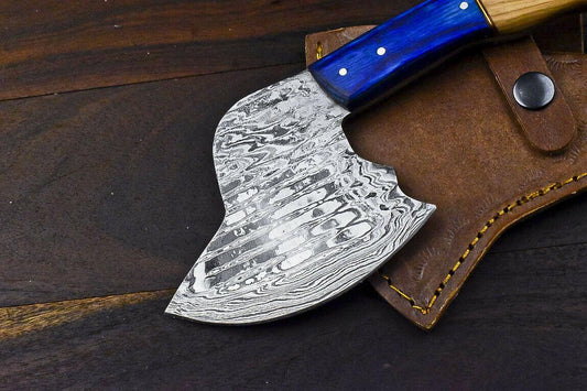 Custom Rare Handmade Damascus Axe Olive Wood Handle Damascus Steel Axe Clever Chopper Knife with Leather Sheath