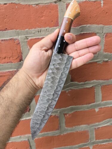 Handmade Damascus Steel Chef Knife – 12" Kitchen Knife with Olive, Rose Wood & Bull Horn Handle