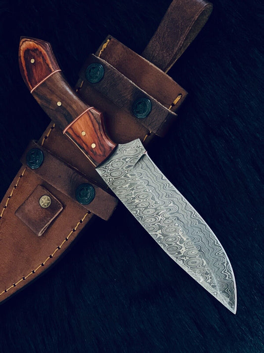 10" Rain Drop Damascus Steel Bowie Knife – Camel Bone & Wood Handle