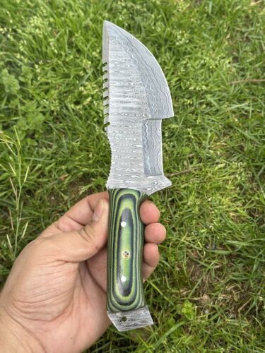 10" Handmade Damascus Steel Military Hunting Tracker Knife – Full Tang Fixed Blade Survival EDC with Micarta Handle & Leather Sheath