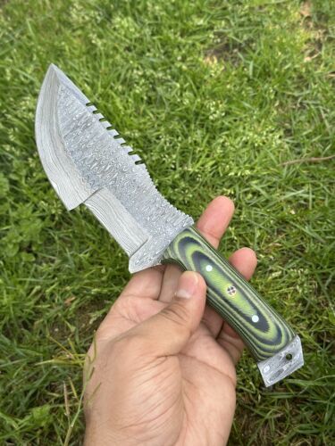 10" Handmade Damascus Steel Military Hunting Tracker Knife – Full Tang Fixed Blade Survival EDC with Micarta Handle & Leather Sheath