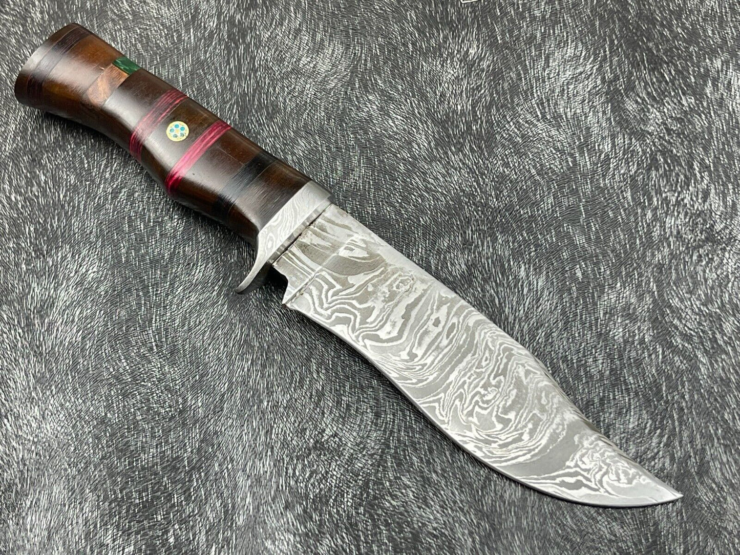 12 Inch Custom Handmade Damascus Bowie Knife with Hardwood Handle and Leather Sheath
