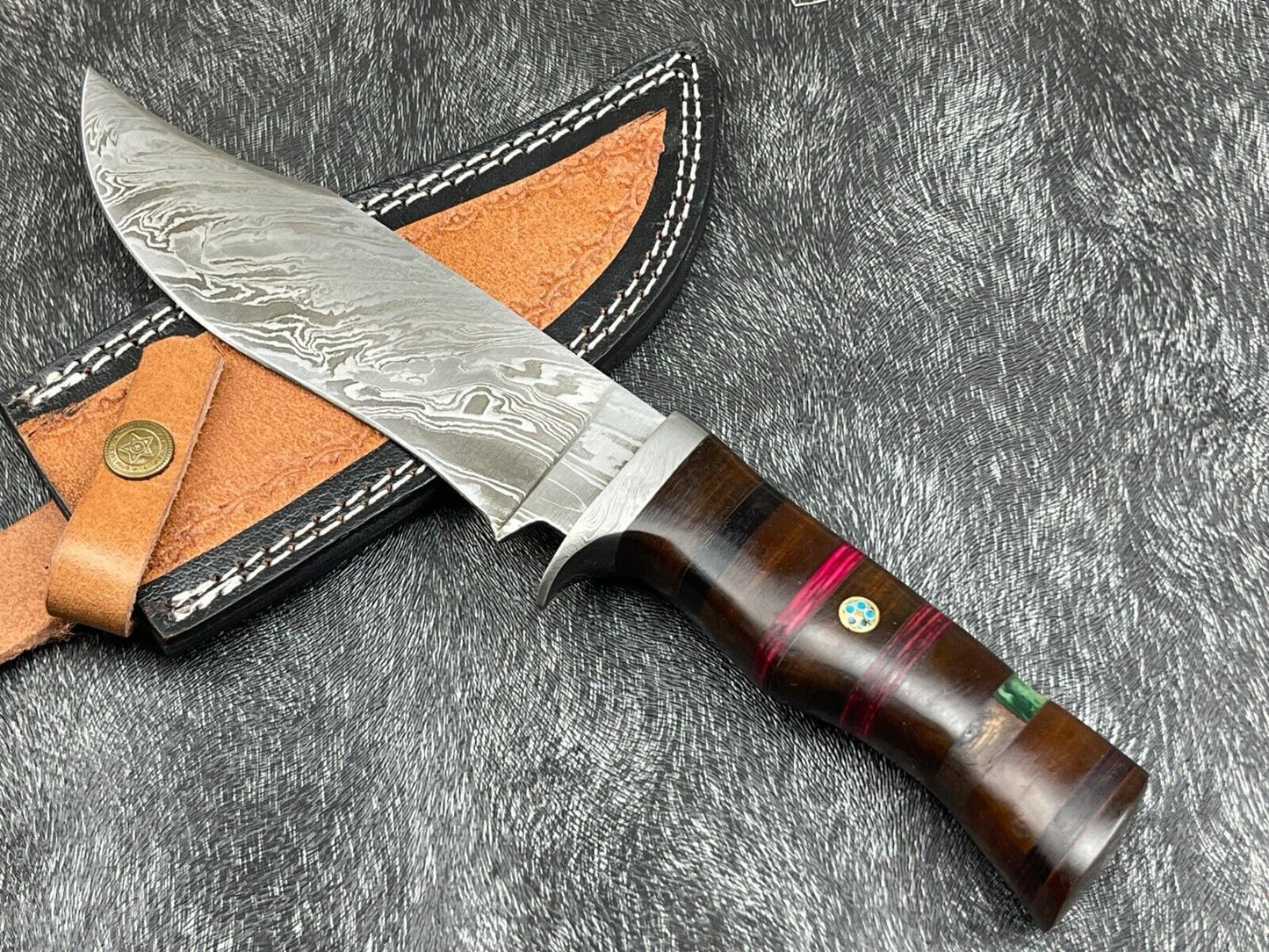 12 Inch Custom Handmade Damascus Bowie Knife with Hardwood Handle and Leather Sheath