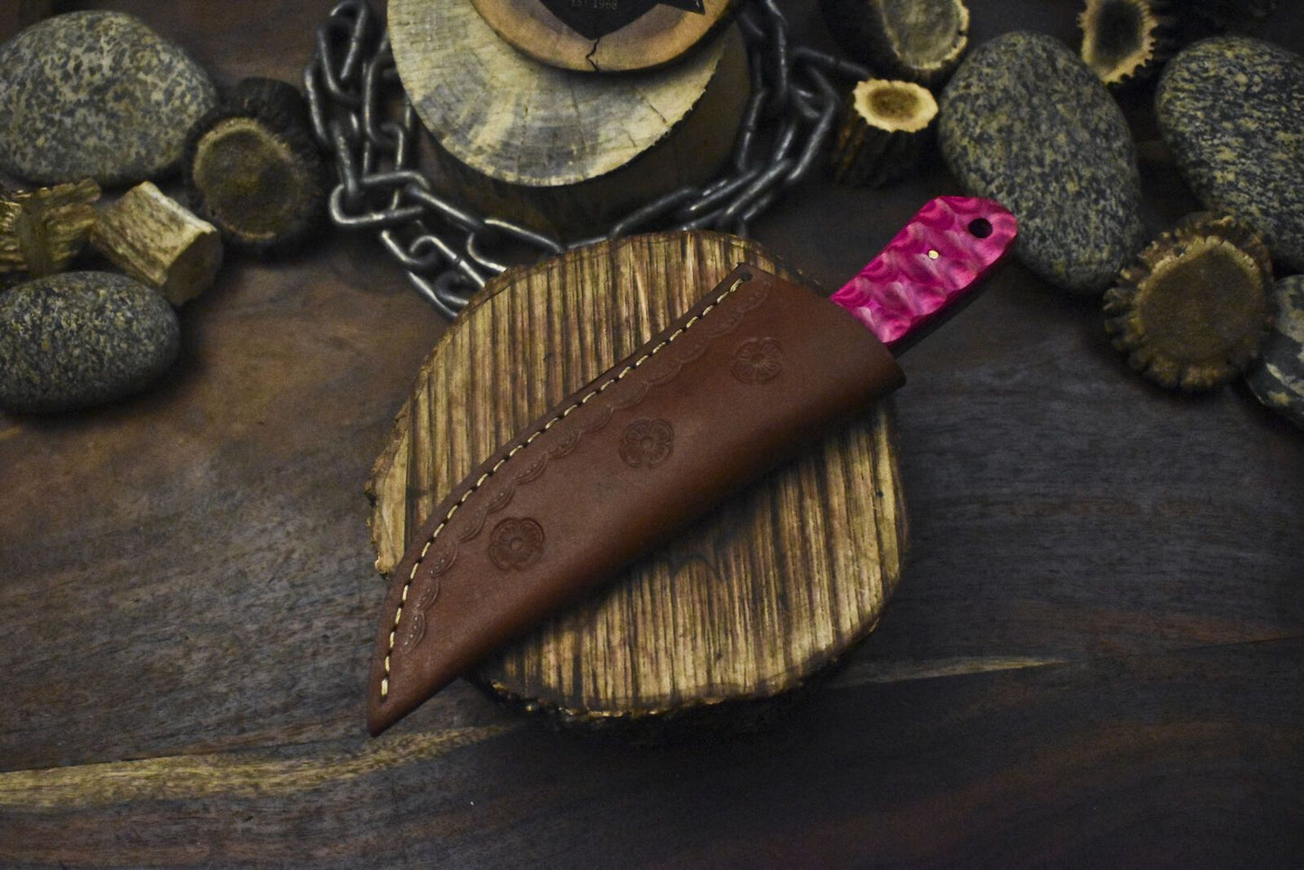 Custom Twist Damascus Skinner Knife Hardwood Handle EDC Fixed Blade