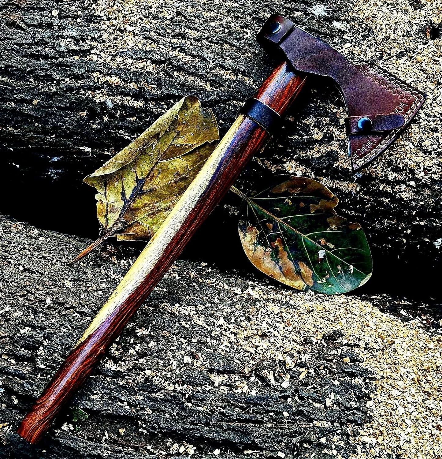 Handmade Damascus Steel Axe Hatchet Tomahawk | 18-Inch Viking Axe with Wood Handle & Leather Sheath