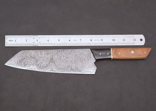 13" Hand-Forged Damascus Steel Kitchen Bunka Chef Knife | Wooden Handle