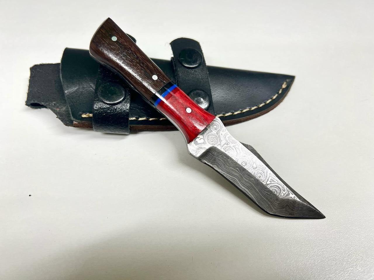 Handmade Custom Damascus Steel Tracker Knife – Wood Handle Full Tang Camping & Hunting Knife with Sheath