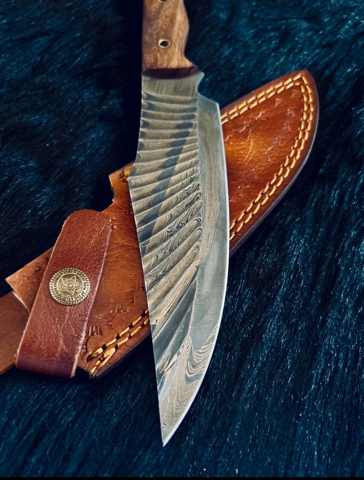 Heritage Forge 11.75 Inch Damascus Skinner Knife with Camel Bone and Wood Handle
