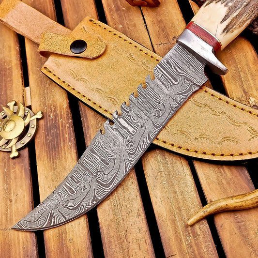 13" Heritage Forge Damascus Bowie Knife | Stag Antler & Steel Bolster