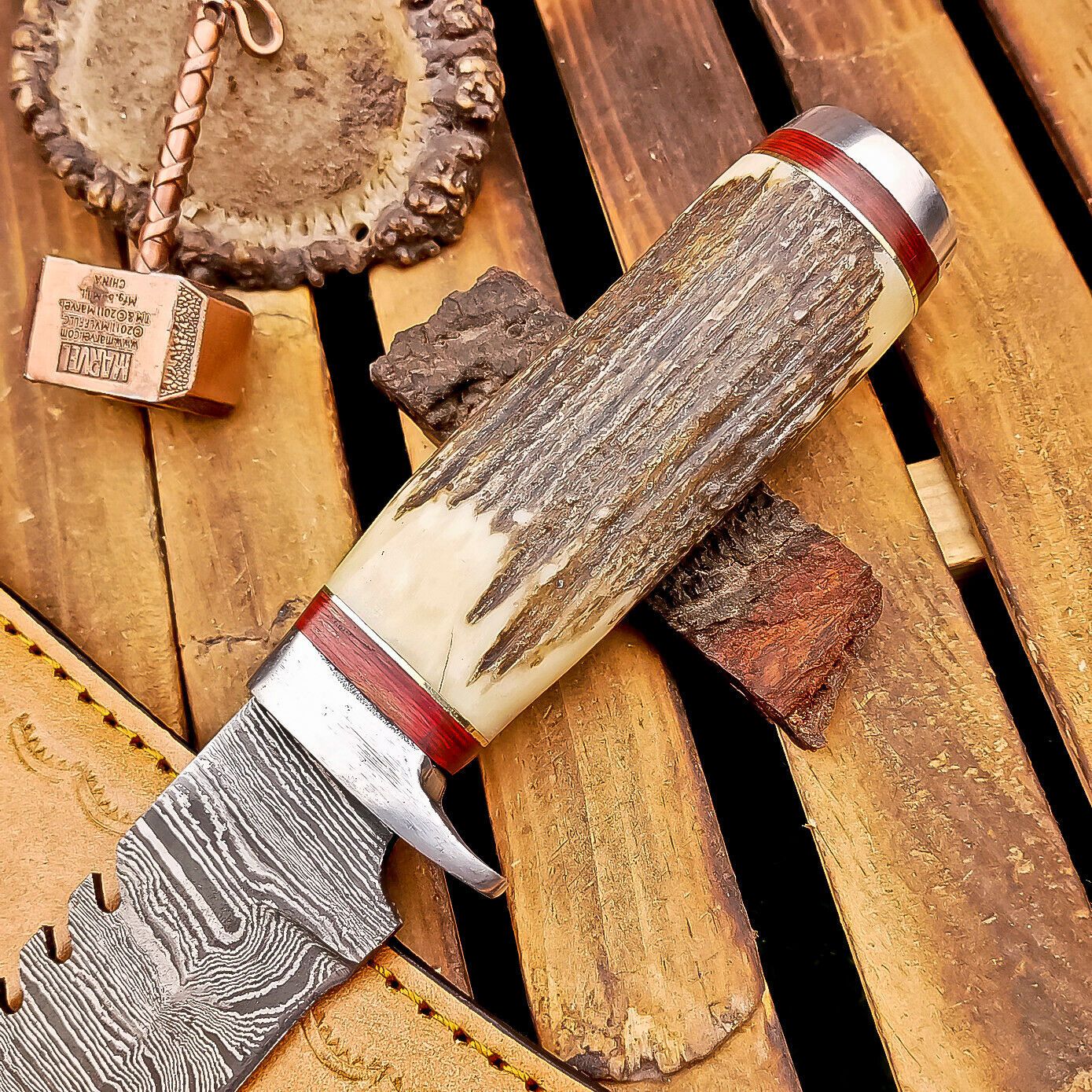 13" Heritage Forge Damascus Bowie Knife | Stag Antler & Steel Bolster