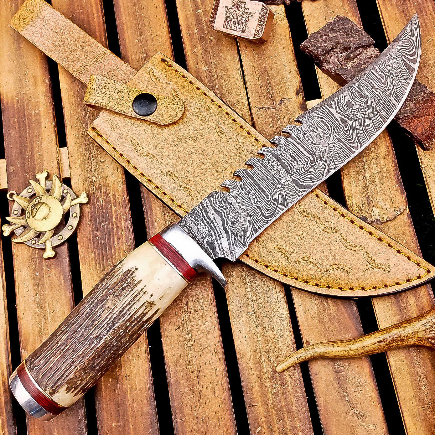 13" Heritage Forge Damascus Bowie Knife | Stag Antler & Steel Bolster