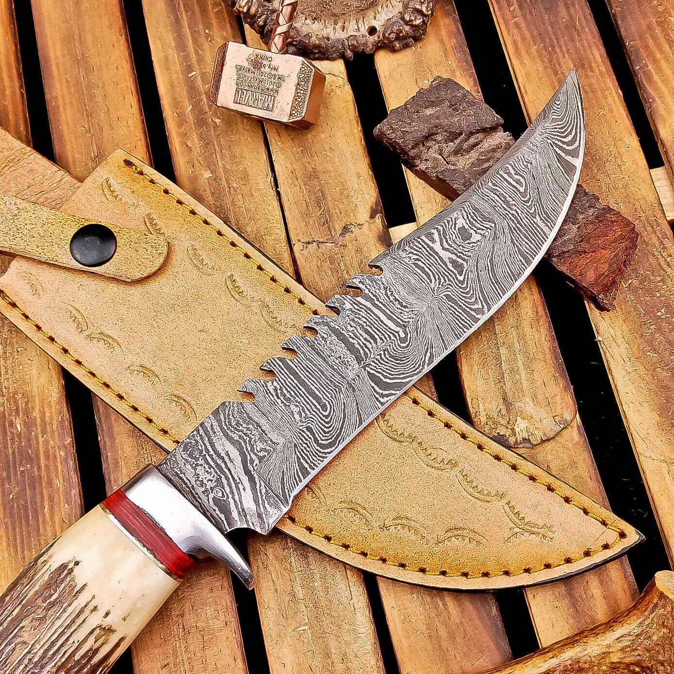 13" Heritage Forge Damascus Bowie Knife | Stag Antler & Steel Bolster