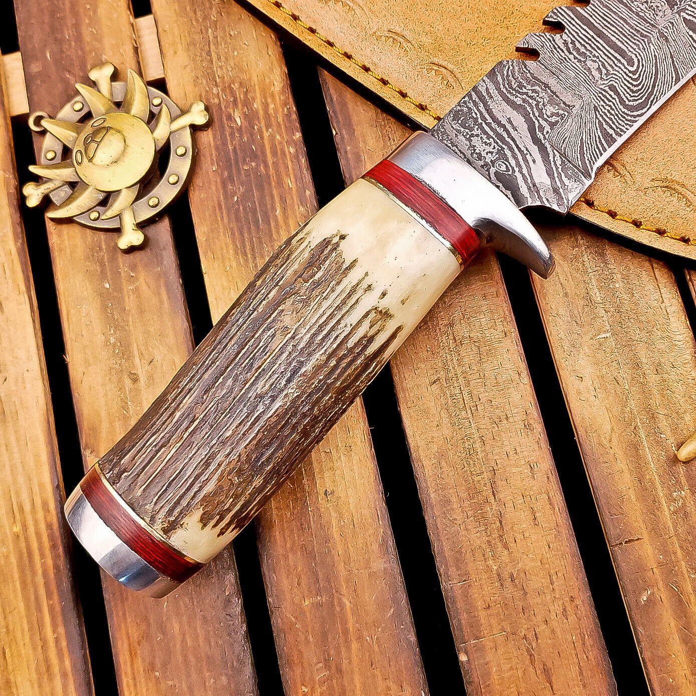 13" Heritage Forge Damascus Bowie Knife | Stag Antler & Steel Bolster