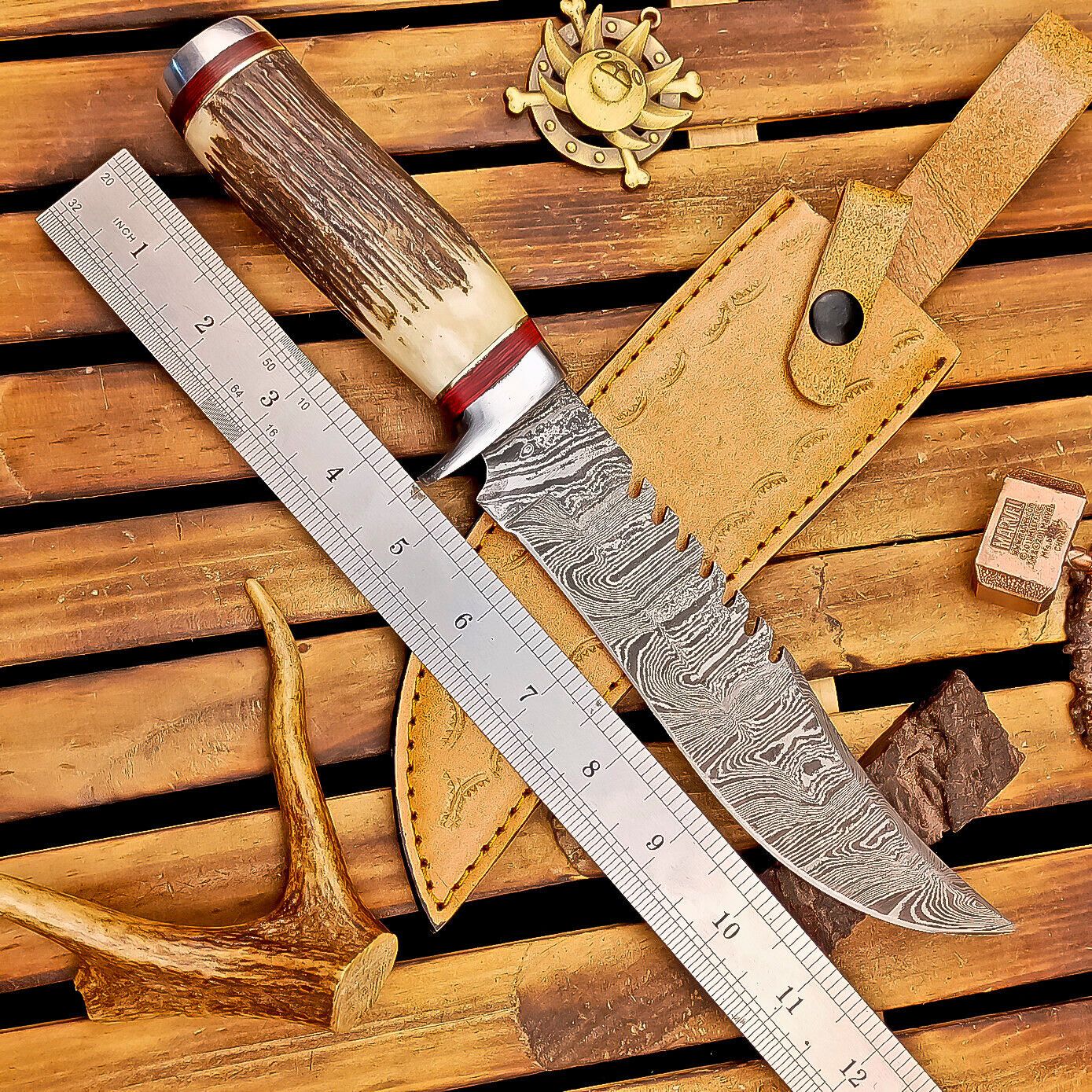13" Heritage Forge Damascus Bowie Knife | Stag Antler & Steel Bolster