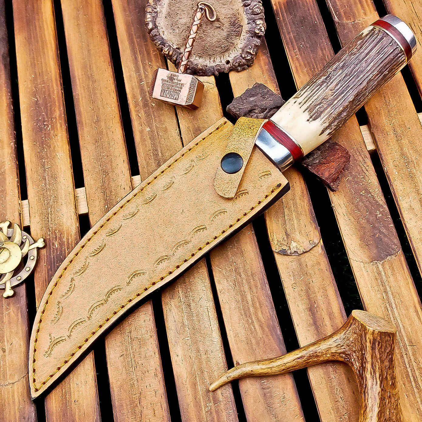 13" Heritage Forge Damascus Bowie Knife | Stag Antler & Steel Bolster