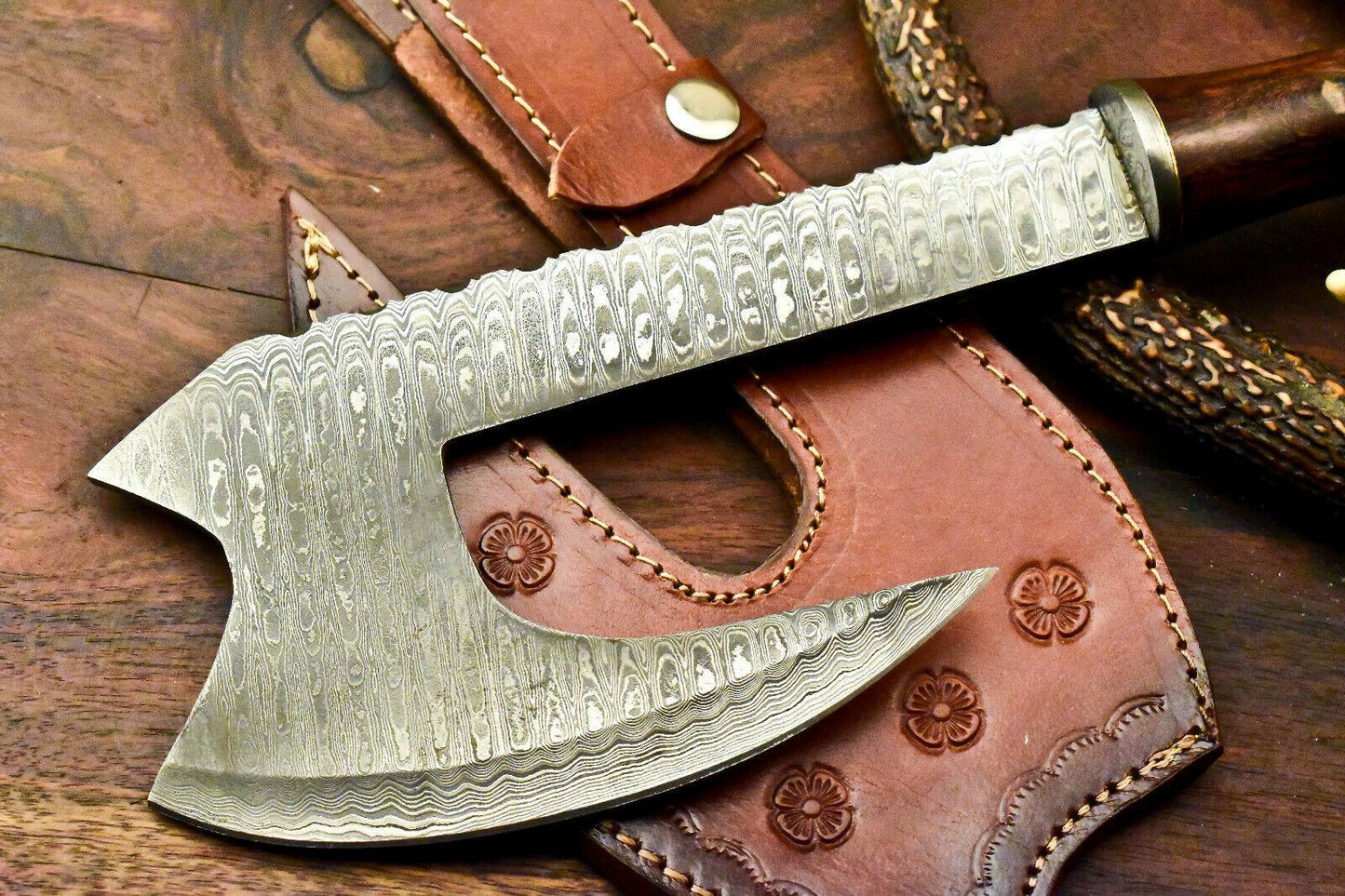Rare Handmade Damascus Steel Viking Tomahawk Axe with Leather Sheath
