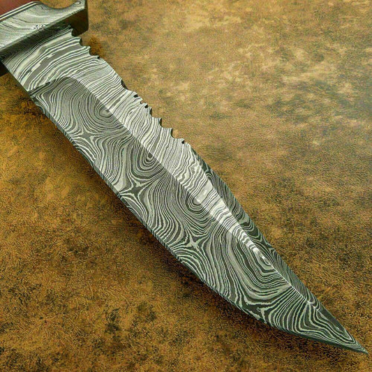 14 Inch Damascus Bowie Hunting Knife with Micarta Handle and Damascus Guard