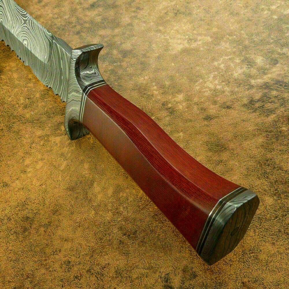 14 Inch Damascus Bowie Hunting Knife with Micarta Handle and Damascus Guard