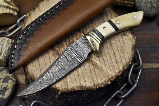 Twist Damascus Skinner Knife with Bone Handle and Brass Guard – Handmade Collectible Outdoor Blade with Leather Sheath